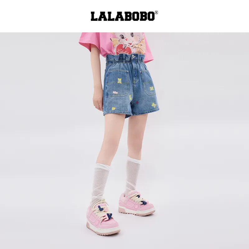 LALABOBO Denim Shorts Women's Medium Blue White-1