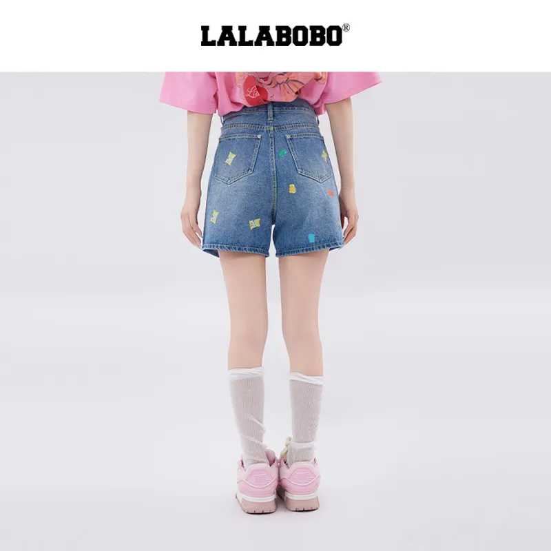 LALABOBO Denim Shorts Women's Medium Blue White-2
