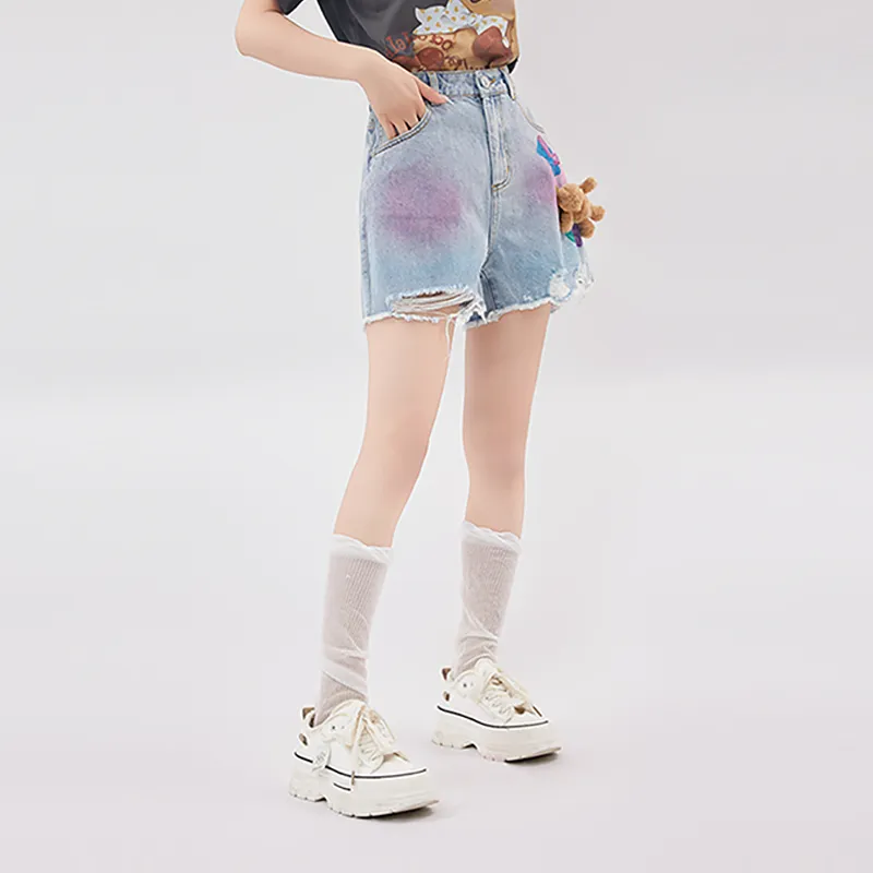 LALABOBO Denim Shorts Women's Medium Blue White-2