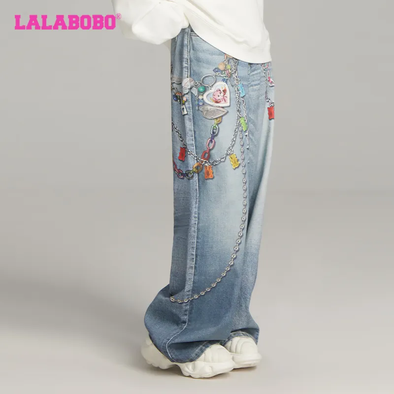 LALABOBO Jeans Unisex Medium Blue White-1