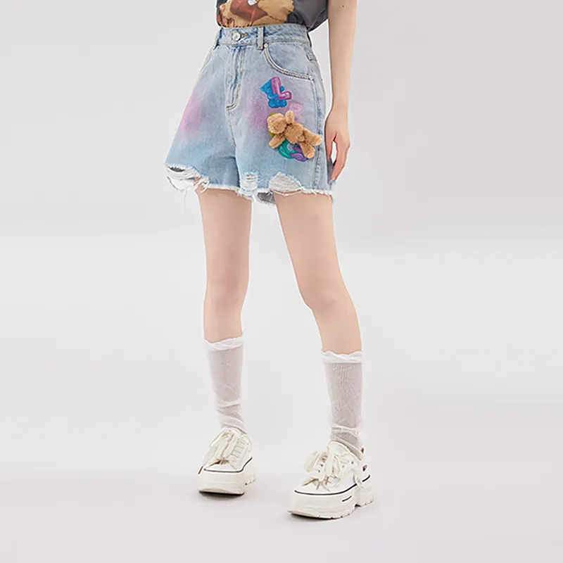 LALABOBO Denim Shorts Women's Medium Blue White-1
