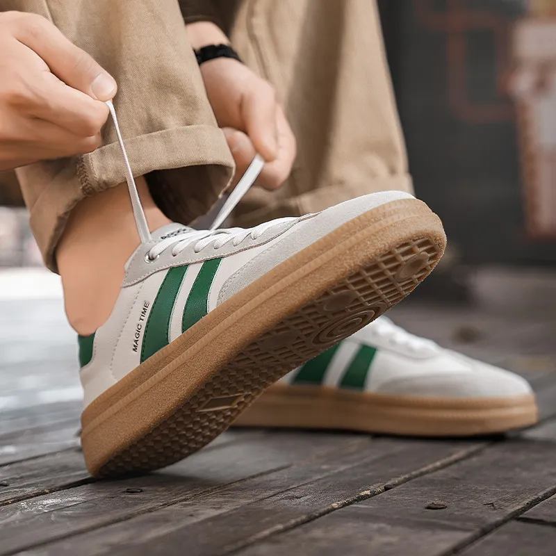 AGSDON Non-slip Lightweight Low-Top Skateboard Shoes Men's Beige Green-6
