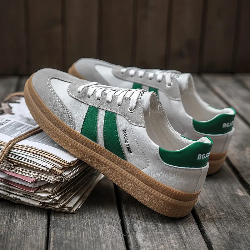 AGSDON Non-slip Lightweight Low-Top Skateboard Shoes Men's Beige Green-4