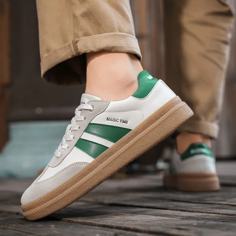 AGSDON Non-slip Lightweight Low-Top Skateboard Shoes Men's Beige Green-5