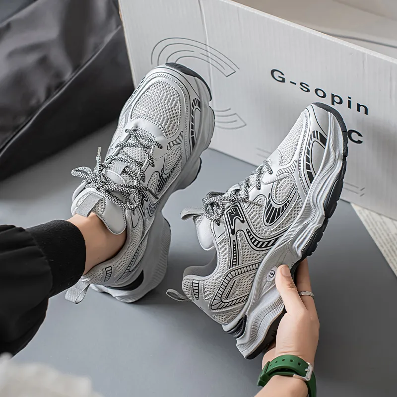 AGSDON Lightweight Height Increasing Low Top Chunky Sneakers Men's Silver-4