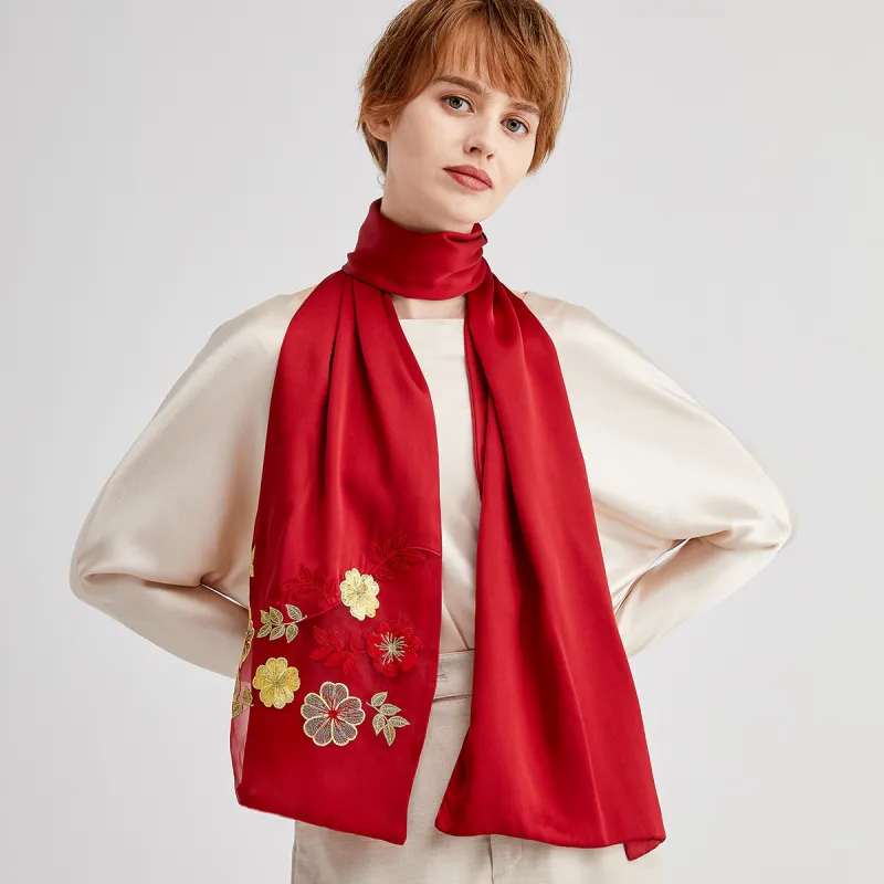 Red Bean 100% Mulberry Silk Scarves Women's-11