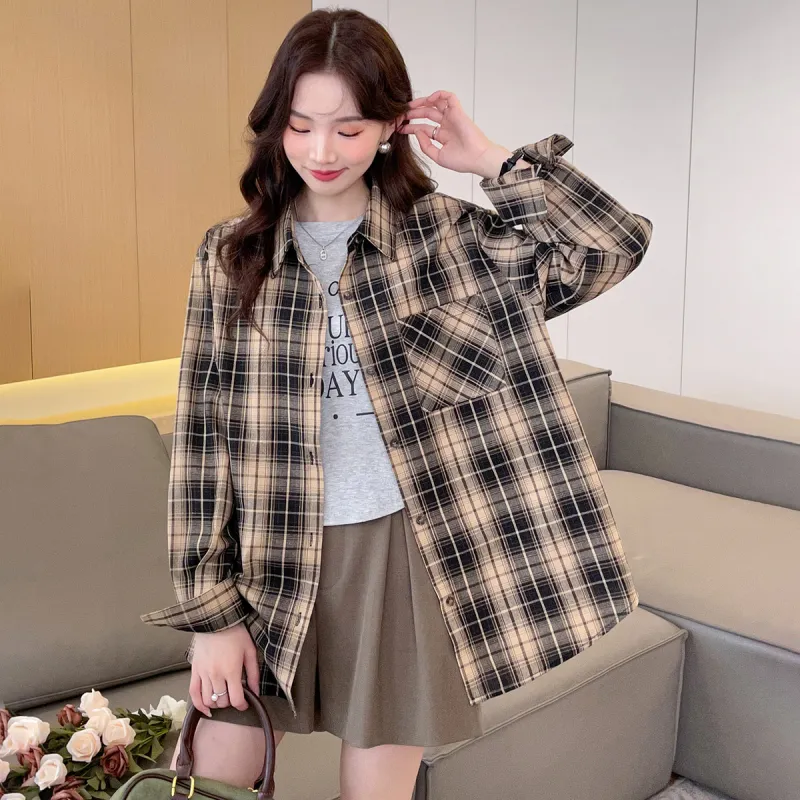 Tonlion Shirt Women's Yellow Black Plaid-1