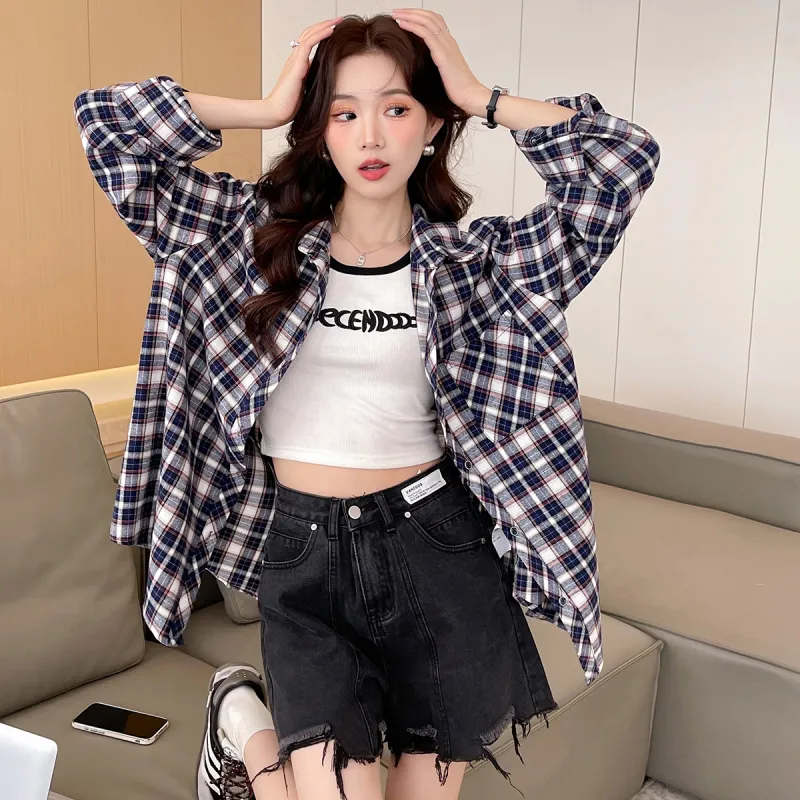 Tonlion Shirt Women's Navy Blue Plaid-5