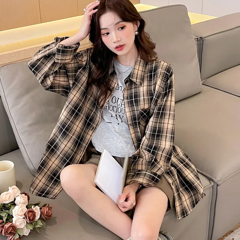 Tonlion Shirt Women's Yellow Black Plaid-3