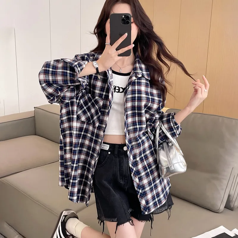 Tonlion Shirt Women's Navy Blue Plaid-3