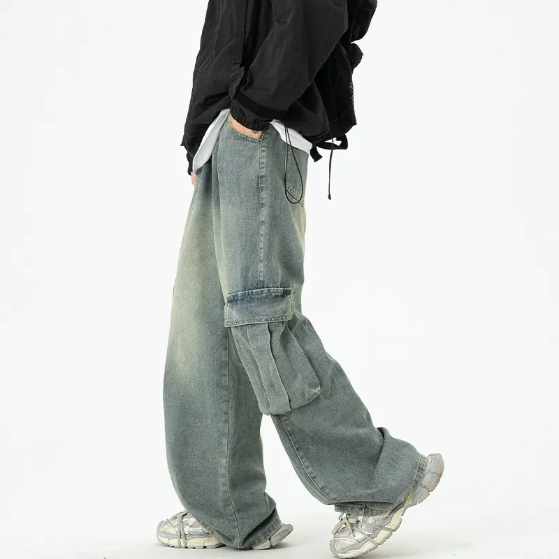 BLANC & ECLARE Large Pocket Wide Leg Draped Floor Length Jeans Unisex-4