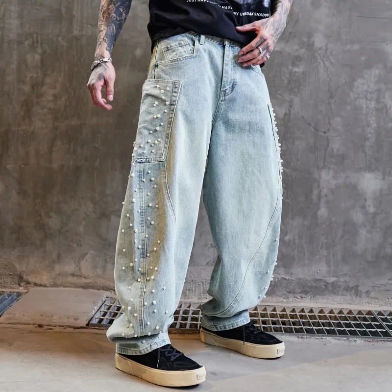 BLANC & ECLARE Pearl Decoration Contrast Design Hanging Luxury Streetwear Jeans Unisex Blue-4