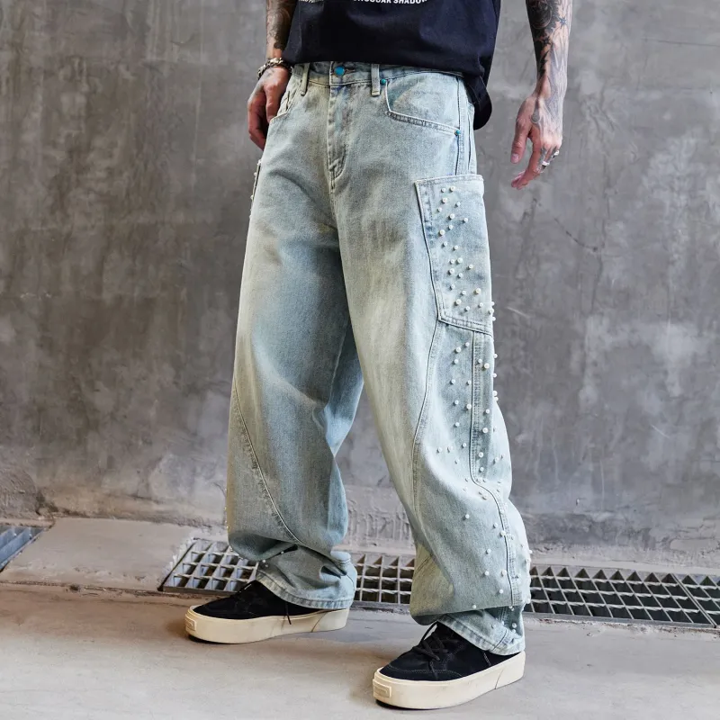 BLANC & ECLARE Pearl Decoration Contrast Design Hanging Luxury Streetwear Jeans Unisex Blue-3