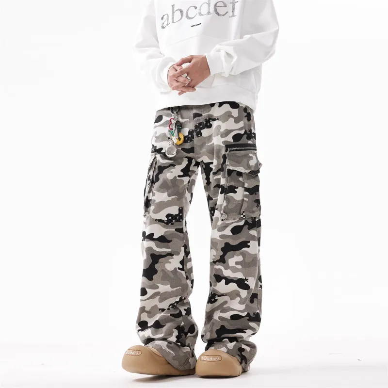 BLANC & ECLARE Comfortable Camouflage Multi Pocket Polka Dot Design Loose Fit Versatile Casual Pants Unisex-2