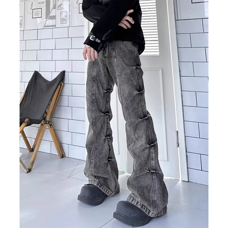 BLANC & ECLARE Wasteland Style Washable Pleated Bootcut Jeans Men's-2
