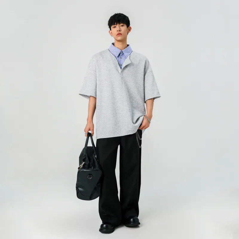 BLANC & ECLARE Comfortable Youth Trendy Polo Mock Two Piece V Neck Design Versatile Plaid T Shirt Unisex-8