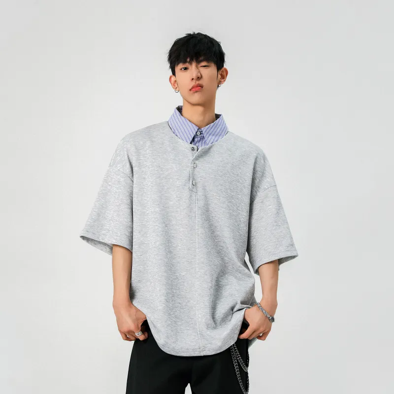 BLANC & ECLARE Comfortable Youth Trendy Polo Mock Two Piece V Neck Design Versatile Plaid T Shirt Unisex-9