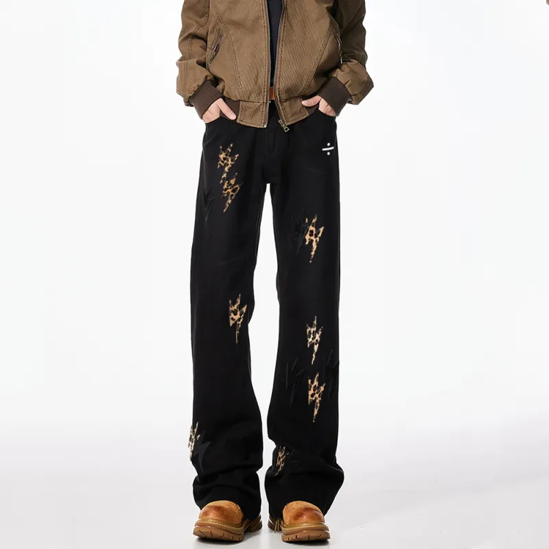 BLANC & ECLARE Brand Logo Print Relaxed Cool Mid Rise Jeans Unisex Black Leopard Print-2