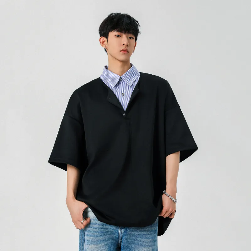 BLANC & ECLARE Comfortable Youth Trendy Polo Mock Two Piece V Neck Design Versatile Plaid T Shirt Unisex-4