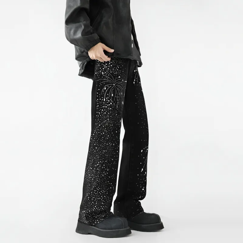 BLANC & ECLARE Firework Design Cool Washable Heavy Draped Button Floor Length Mid Rise Jeans Unisex Blue-7