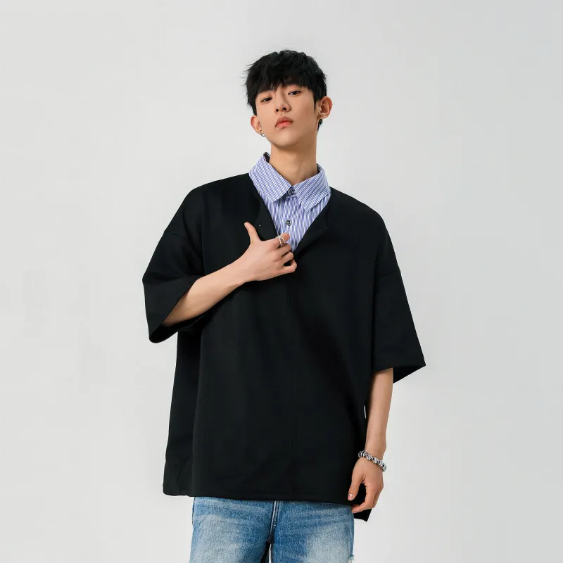 BLANC & ECLARE Comfortable Youth Trendy Polo Mock Two Piece V Neck Design Versatile Plaid T Shirt Unisex-2