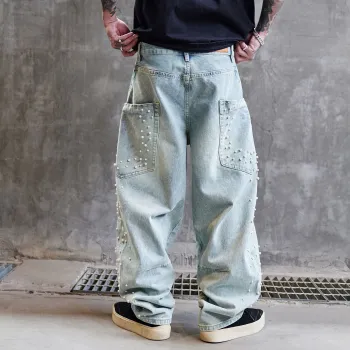 BLANC & ECLARE Pearl Decoration Contrast Design Hanging Luxury Streetwear Jeans Unisex Blue