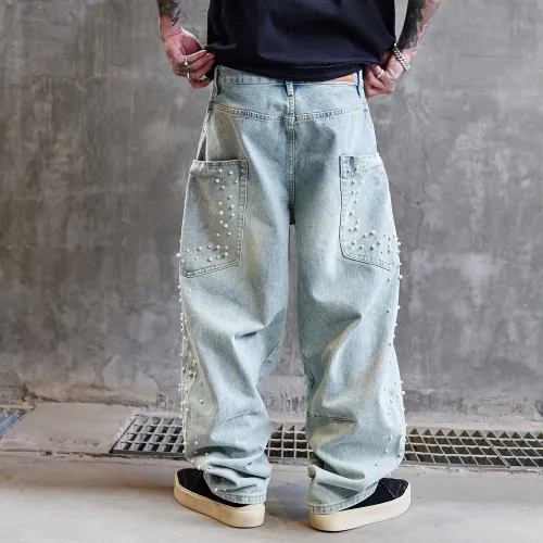 BLANC & ECLARE Pearl Decoration Contrast Design Hanging Luxury Streetwear Jeans Unisex Blue