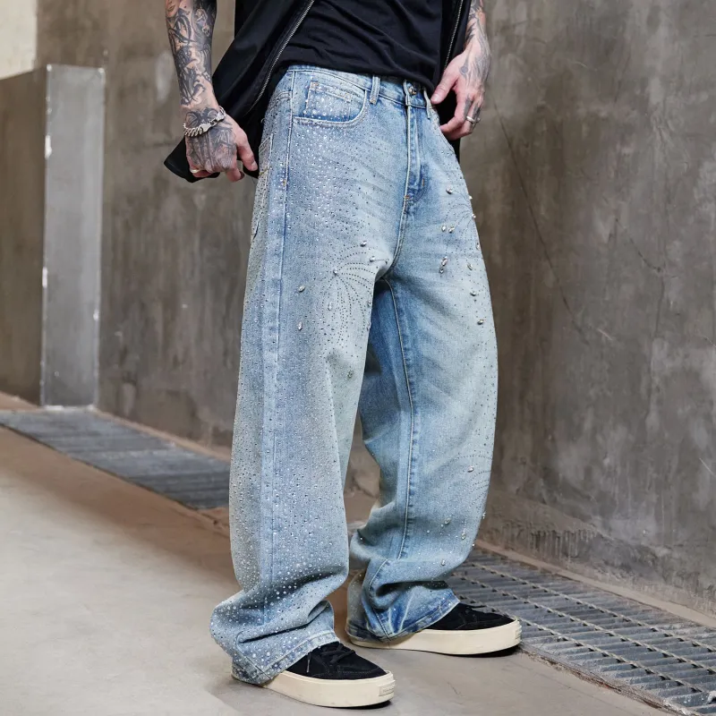 BLANC & ECLARE Firework Design Cool Washable Heavy Draped Button Floor Length Mid Rise Jeans Unisex Blue-3