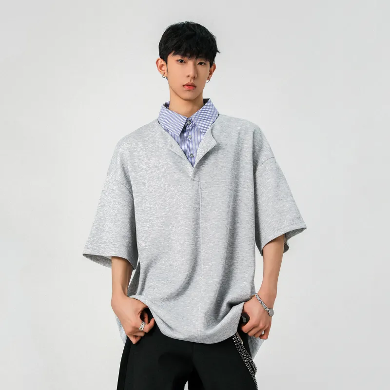BLANC & ECLARE Comfortable Youth Trendy Polo Mock Two Piece V Neck Design Versatile Plaid T Shirt Unisex-10