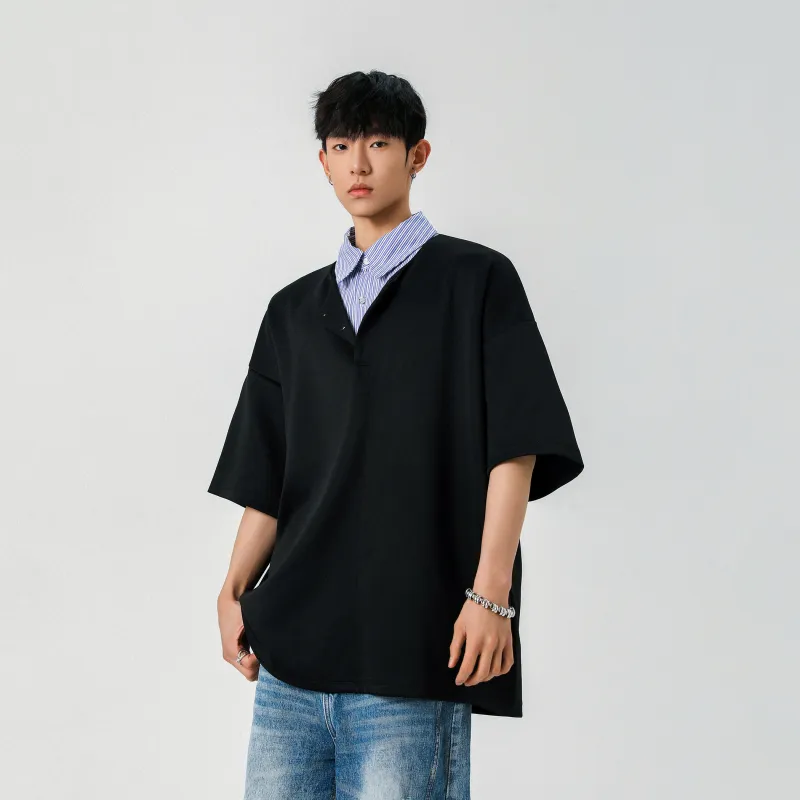 BLANC & ECLARE Comfortable Youth Trendy Polo Mock Two Piece V Neck Design Versatile Plaid T Shirt Unisex-3