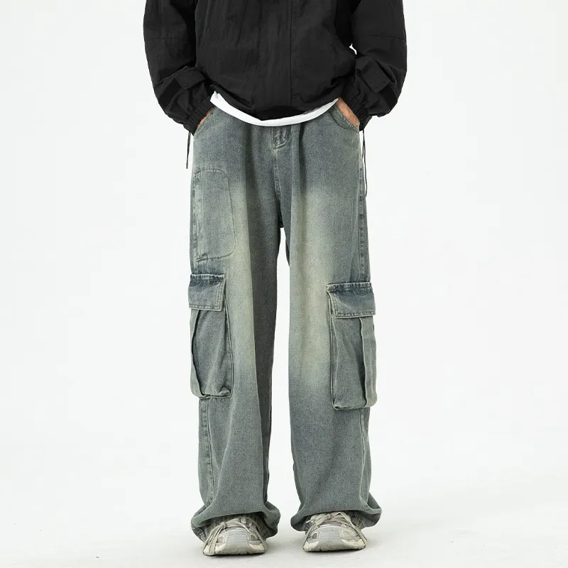 BLANC & ECLARE Large Pocket Wide Leg Draped Floor Length Jeans Unisex-2