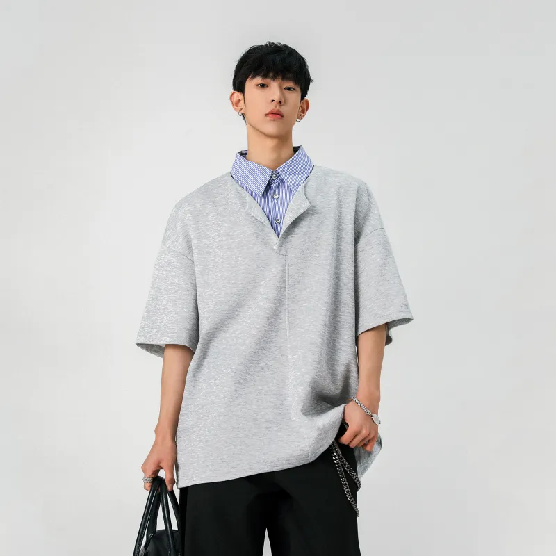 BLANC & ECLARE Comfortable Youth Trendy Polo Mock Two Piece V Neck Design Versatile Plaid T Shirt Unisex-12