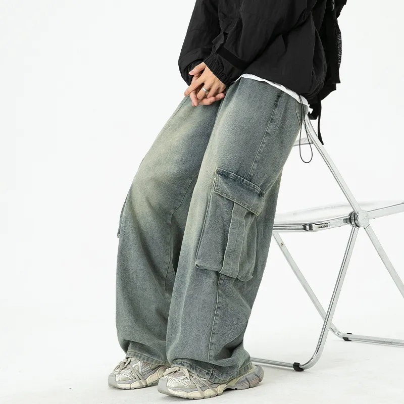 BLANC & ECLARE Large Pocket Wide Leg Draped Floor Length Jeans Unisex-5