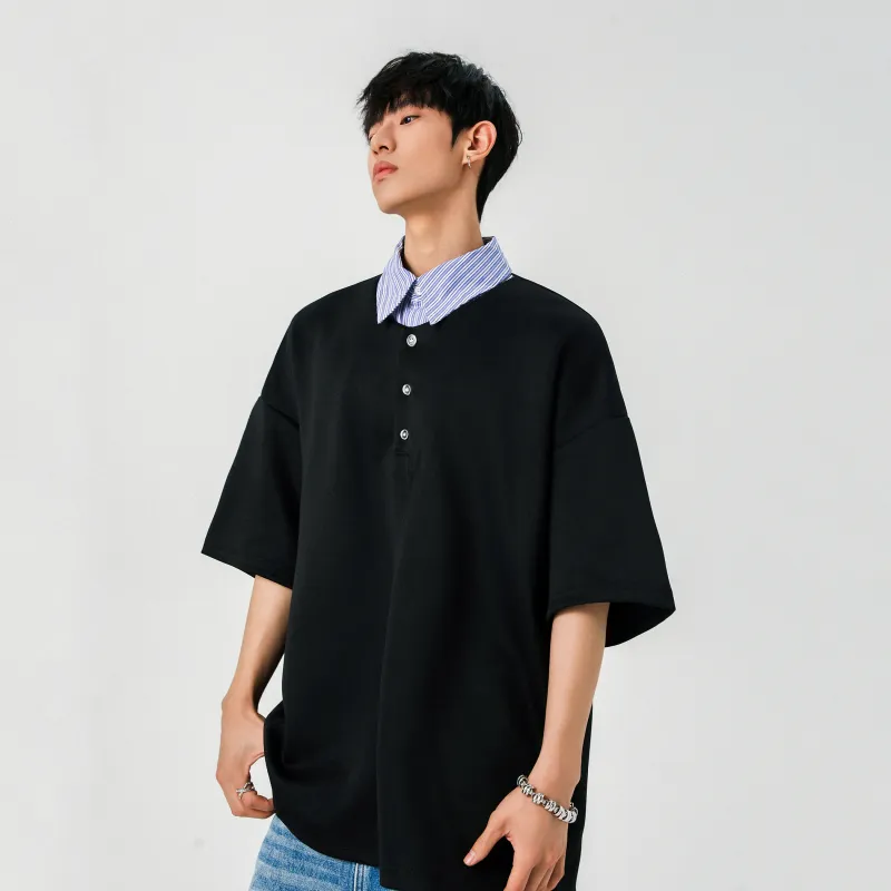 BLANC & ECLARE Comfortable Youth Trendy Polo Mock Two Piece V Neck Design Versatile Plaid T Shirt Unisex-1