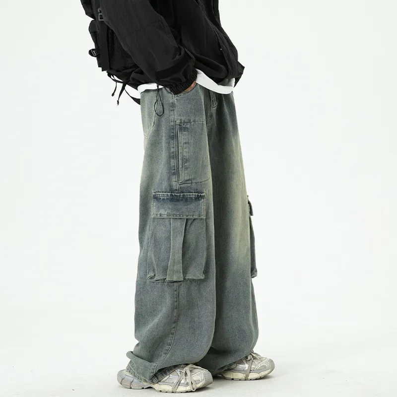 BLANC & ECLARE Large Pocket Wide Leg Draped Floor Length Jeans Unisex-1