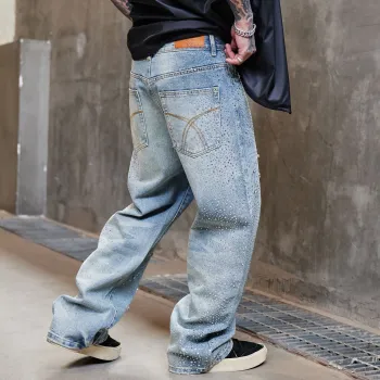 BLANC & ECLARE Firework Design Cool Washable Heavy Draped Button Floor Length Mid Rise Jeans Unisex Blue