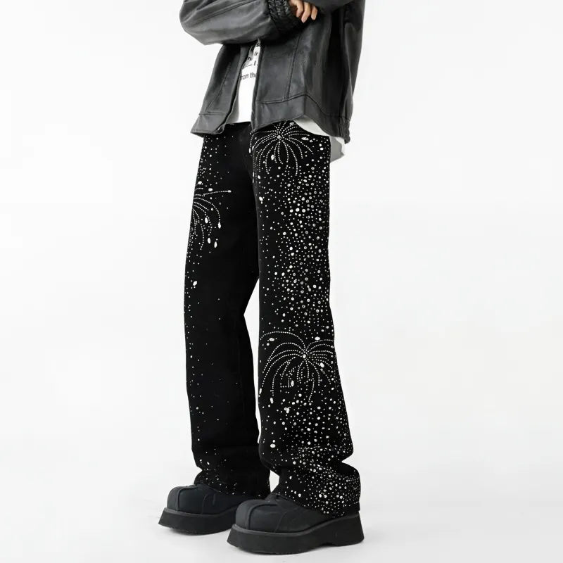 BLANC & ECLARE Firework Design Cool Washable Heavy Draped Button Floor Length Mid Rise Jeans Unisex Blue-8
