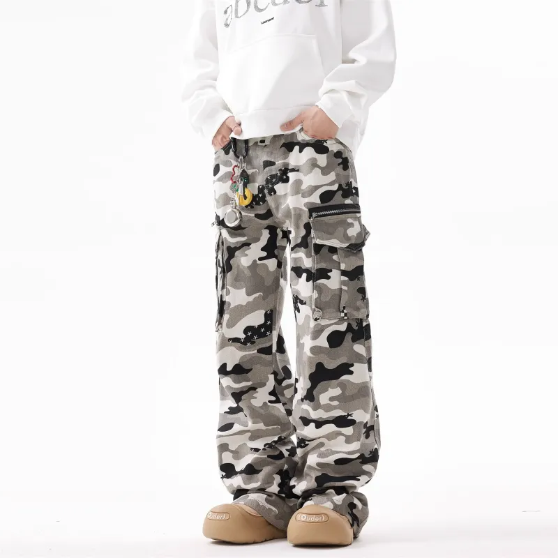 BLANC & ECLARE Comfortable Camouflage Multi Pocket Polka Dot Design Loose Fit Versatile Casual Pants Unisex-3