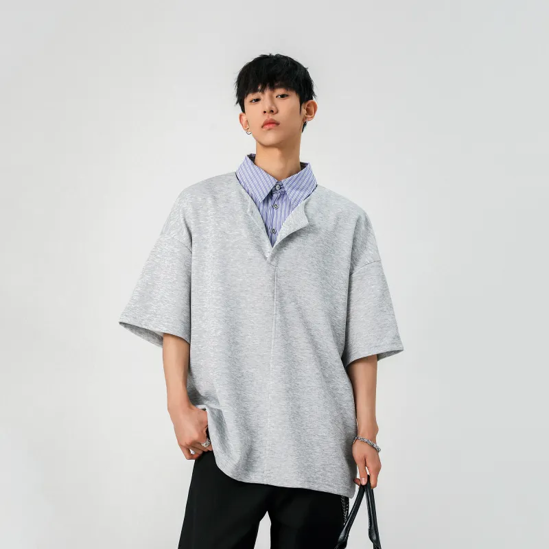 BLANC & ECLARE Comfortable Youth Trendy Polo Mock Two Piece V Neck Design Versatile Plaid T Shirt Unisex-11