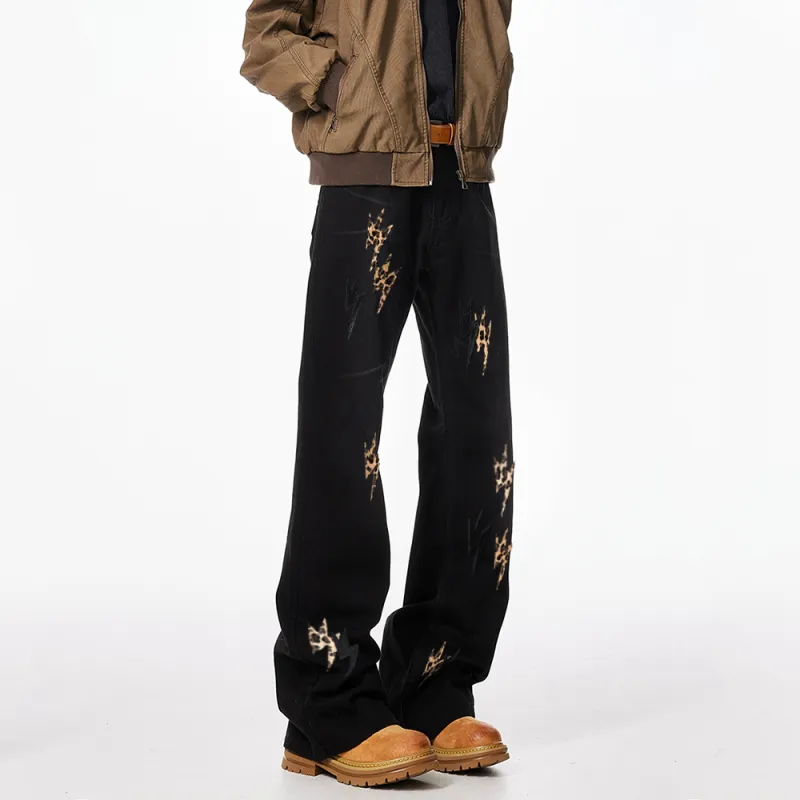 BLANC & ECLARE Brand Logo Print Relaxed Cool Mid Rise Jeans Unisex Black Leopard Print-3