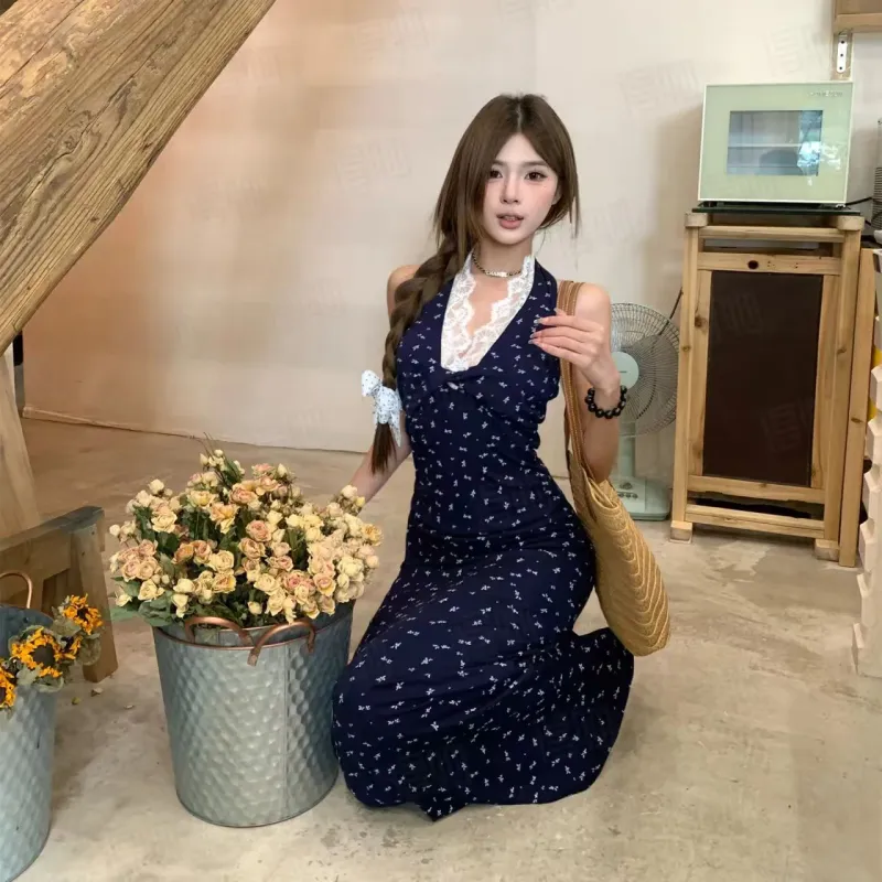 XIAOJUCHUANLI Slip Dress Women's Blue Print-5