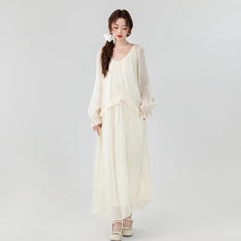 XIAOJUCHUANLI Long Sleeved Dress Women's Apricot-2