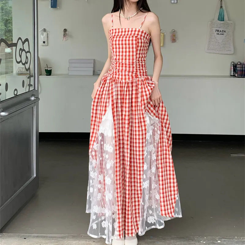 XIAOJUCHUANLI Slip Dress Women's Red And White Plaid-3