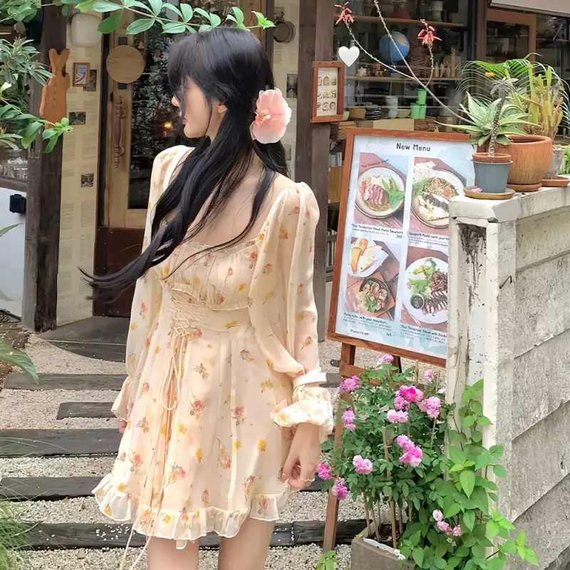 XIAOJUCHUANLI Long Sleeved Dress Women's Yellow Floral-2