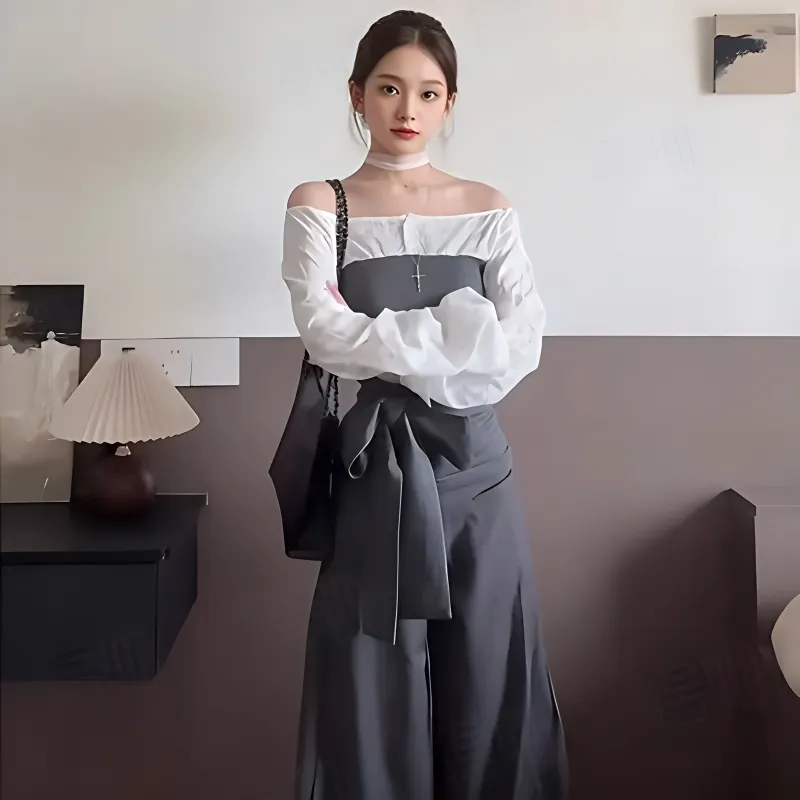 XIAOJUCHUANLI Shirt Women's Gray White-3