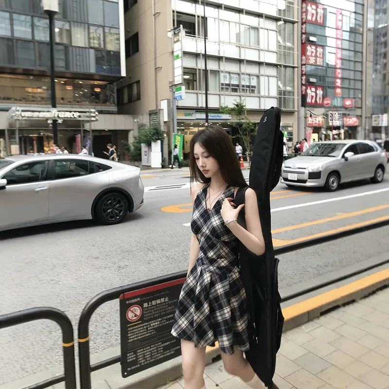 XIAOJUCHUANLI Sleeveless Dress Women's Black White Plaid-3