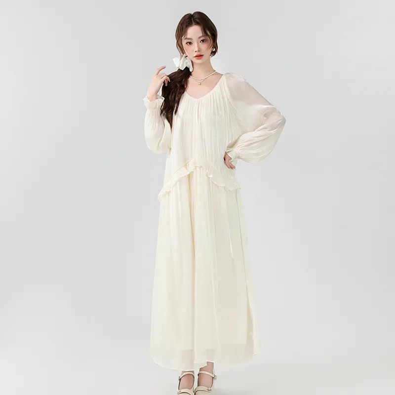 XIAOJUCHUANLI Long Sleeved Dress Women's Apricot-3