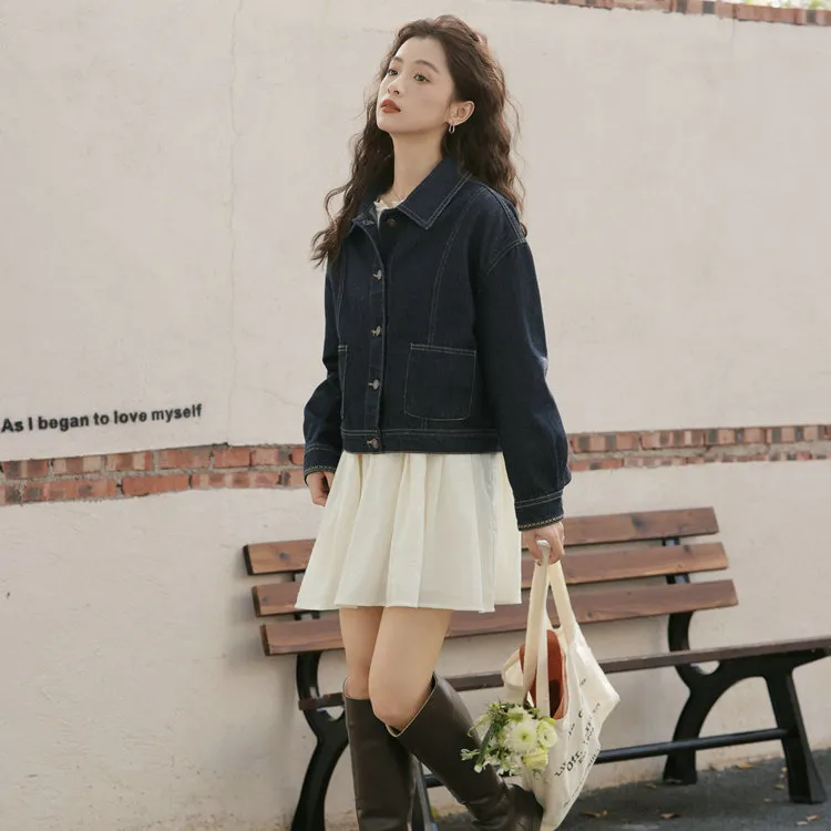 XIAOJUCHUANLI Denim Jacket Women's Dark Blue-1