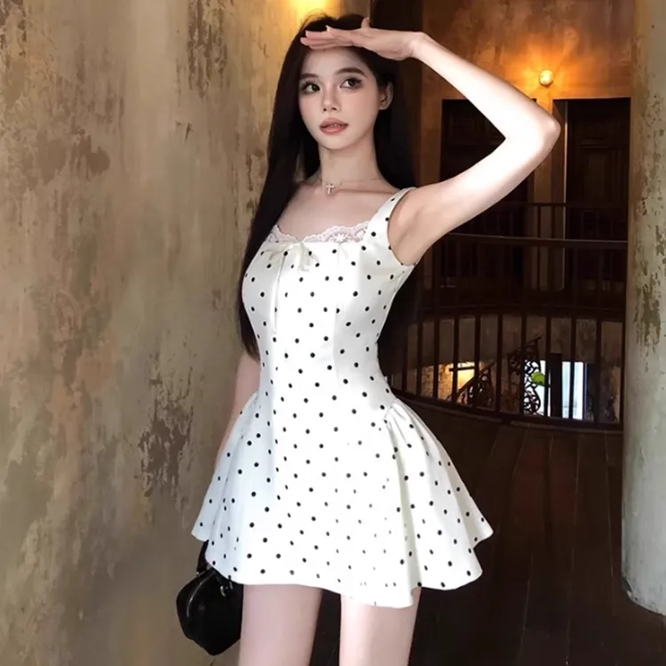 XIAOJUCHUANLI Slip Dress Women's Apricot Base Polka Dot-5
