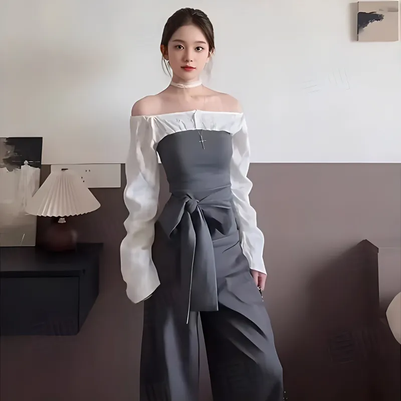 XIAOJUCHUANLI Shirt Women's Gray White-4
